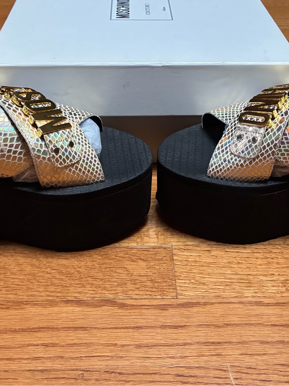 Moschino Iridescent Snake-Print Slides with Gold Logo - Picture 3 of 8